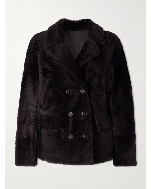 Yves Salomon Black Double-Breasted Shearling Jacket