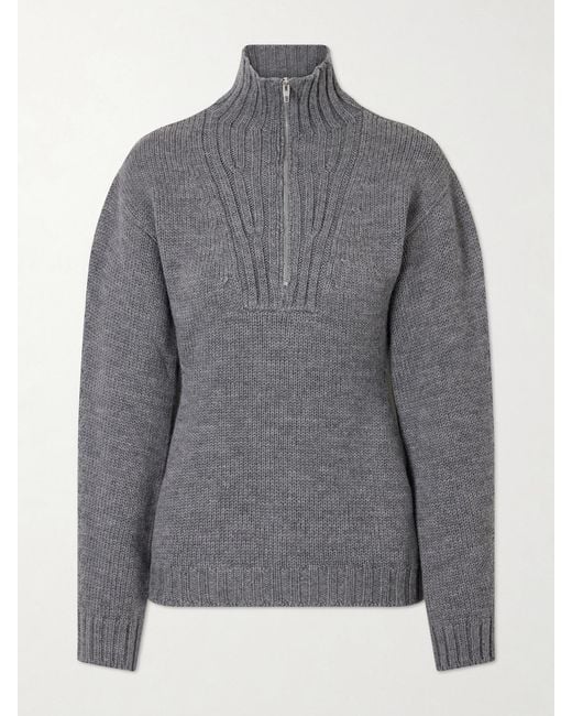 Jil Sander Gray Ribbed-Knit Wool Half-Zip Turtleneck Sweater