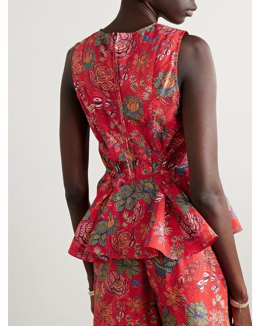 Ulla Johnson Red Sydney Pleated Printed Cotton-Poplin Peplum Top