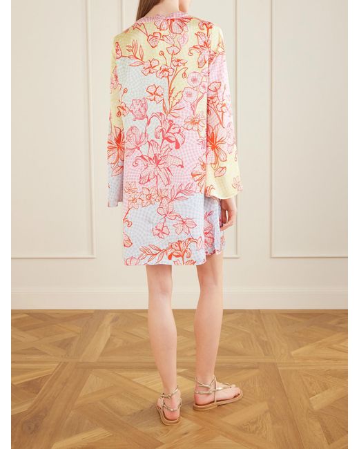 Mary Katrantzou Pink Elsa Checked Floral-Print Satin Midi Dress