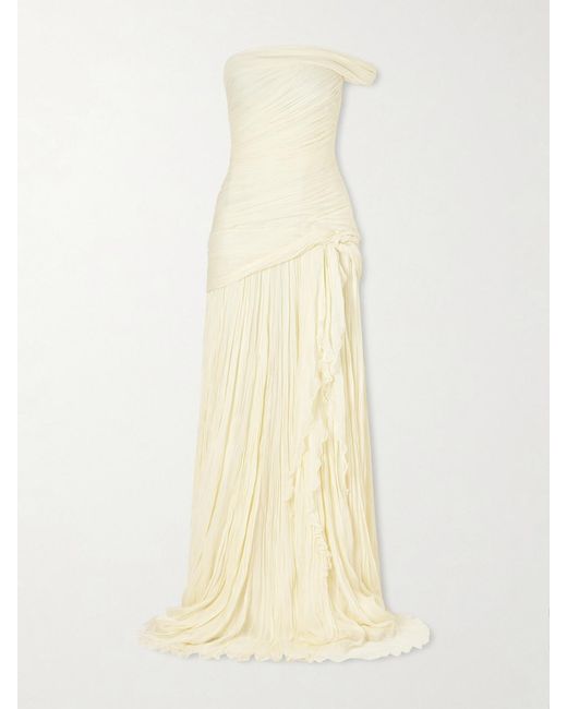 Marmar Halim Natural One-Shoulder Draped Plissé-Chiffon Gown