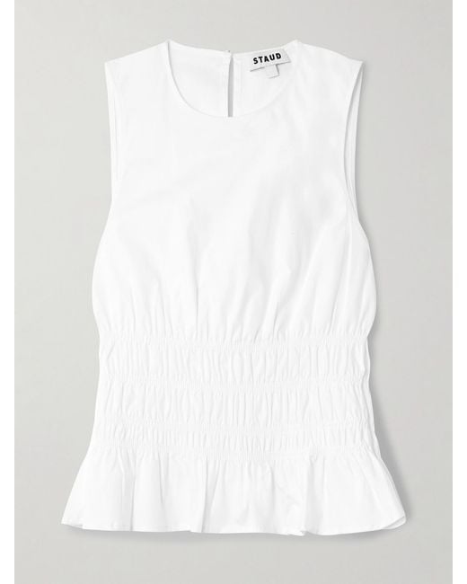 Staud White Culver Shirred Cotton-Blend Poplin Peplum Top