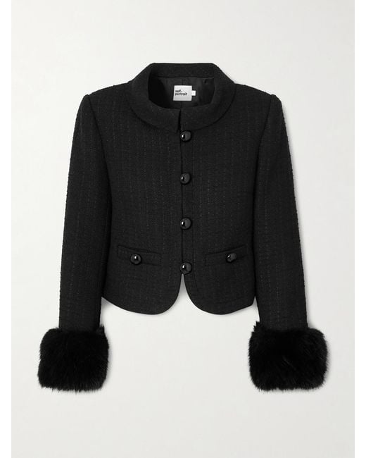 Self-Portrait Black Cropped Plush-Trimmed Bouclé-Tweed Jacket