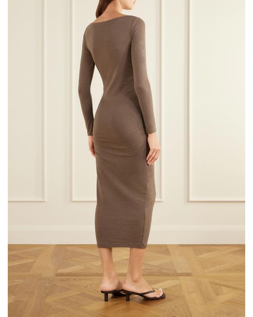 James Perse Natural Ruched Gathered Cotton-Blend Midi Dress