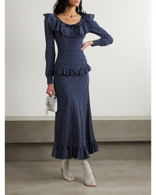 Alessandra Rich Blue Ruffled Polka-Dot Silk Crepe De Chine Midi Dress