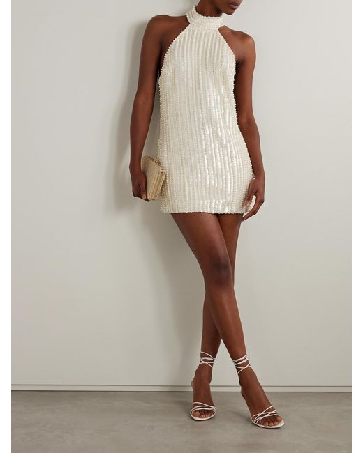 retroféte White Yaeko Embellished Crepe Halterneck Mini Dress