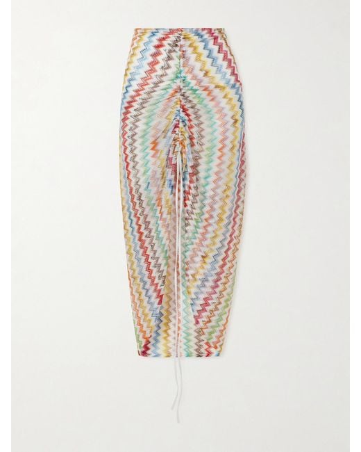 Missoni White Gathered Striped Metallic Crochet-Knit Midi Skirt