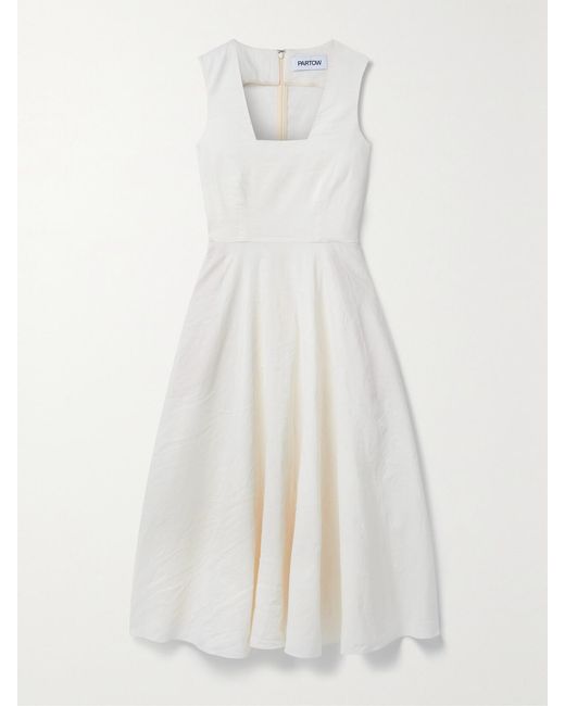 Partow White Carina Belted Crinkled-Crepe Midi Dress
