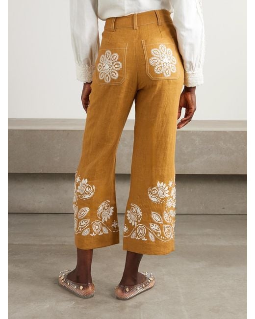 Alix Of Bohemia Natural Paige Cropped Embroidered Linen Bootcut Pants
