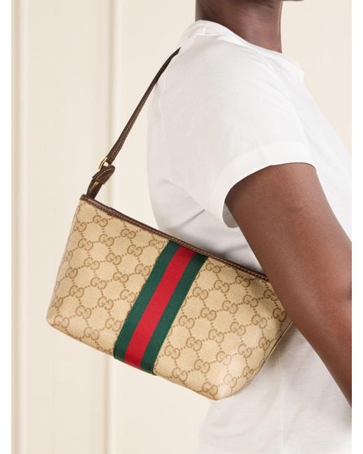 Gucci White Mini Leather And Webbing-Trimmed Coated-Canvas Shoulder Bag