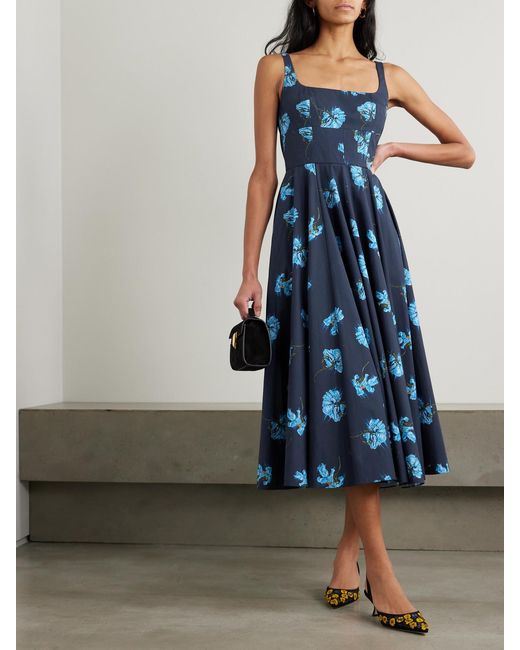 Emilia Wickstead Blue Mona Floral-Print Cotton-Poplin Midi Dress