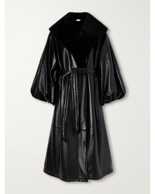 Magda Butrym Black Belted Plush-Trimmed Leather Coat