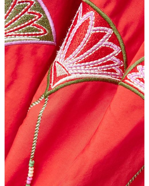 Emporio Sirenuse Red Lotty Neckholder-Midikleid Aus Popeline Aus Einer Baumwollmischung Mit Zierperlen Und Stickereien