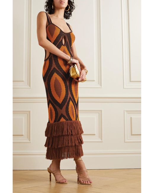 Johanna Ortiz Brown Cultural Roots Maxikleid Aus Gehäkelter Pima-Baumwolle Mit Fransen Und Cut-Outs