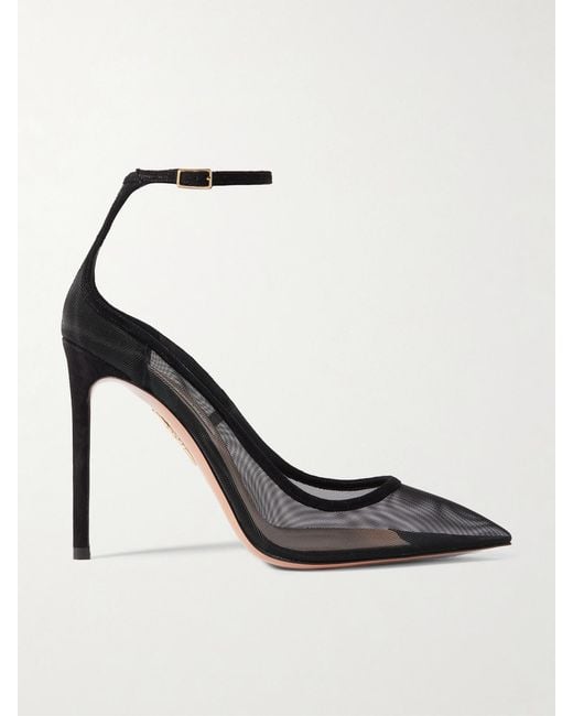 Aquazzura White Love Affair 105 Suede-Trimmed Mesh Pumps
