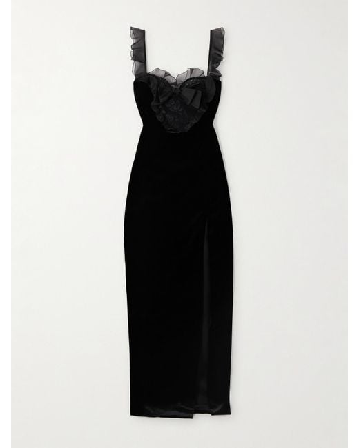 Alessandra Rich Black Bow-Embellished Lace And Silk-Trimmed Velvet Gown