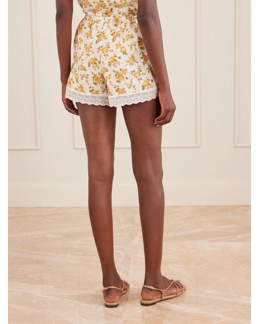 Miguelina White Celestine Floral-Print Lace-Trimmed Linen Shorts