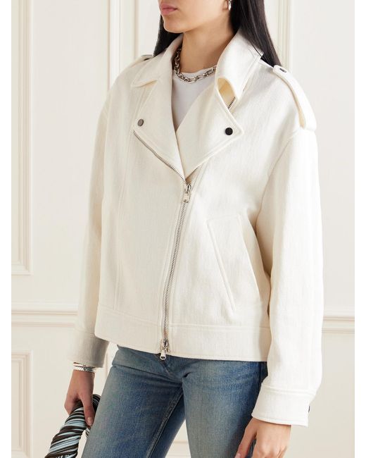 Brunello Cucinelli Natural Embellished Herringbone Cotton And Linen-Blend Biker Jacket