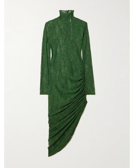 Norma Kamali Green Asymmetrisches Kleid Aus Stretch-Spitze Mit Stehkragen Und Raffung