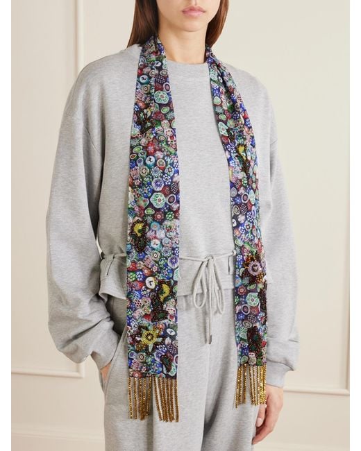 Dries Van Noten Blue Floral-Print Fringed Scarf