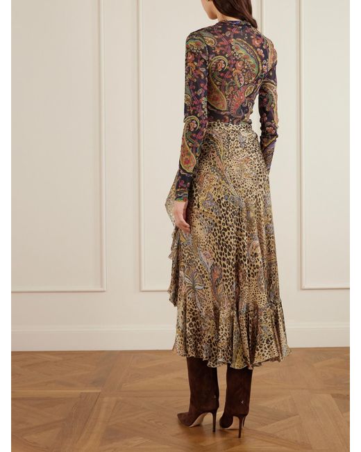 Etro Natural Ruffled Leopard And Paisley-Print Silk-Satin Midi Wrap Skirt