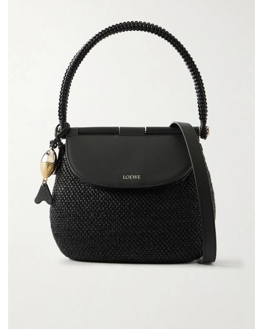 Loewe Black Paula's Ibiza Pescador Medium Embellished Leather-Trimmed Raffia Shoulder Bag