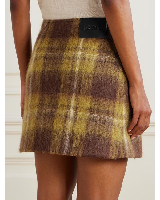 Loewe Natural Leather-Trimmed Checked Mohair And Wool-Blend Mini Wrap Skirt