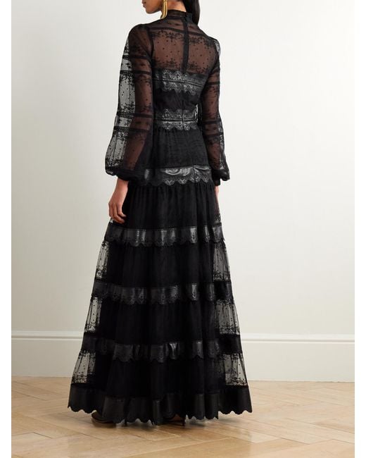 Costarellos Black Jacey Embroidered Tulle Gown