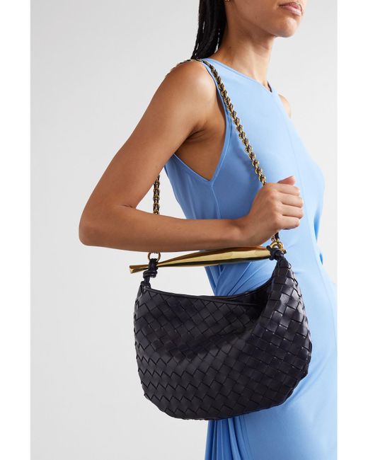 Bottega Veneta Blue Sardine Small Intrecciato Leather Shoulder Bag With Chain