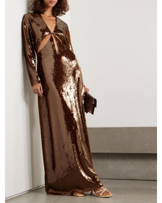 Christopher Esber Brown Lucent Cutout Sequined Mesh Maxi Dress