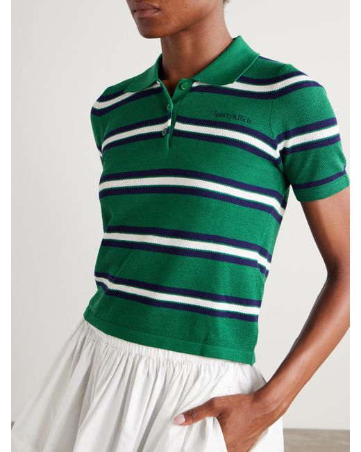 Sporty & Rich Green Striped Silk And Cotton-Piqué Polo Shirt