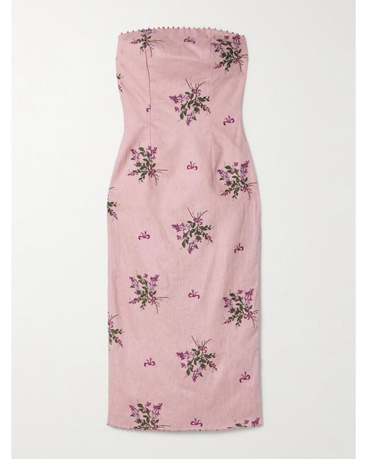 Agua Bendita Pink Armonía Wisteria Strapless Bead-Embellished Embroidered Linen Midi Dress