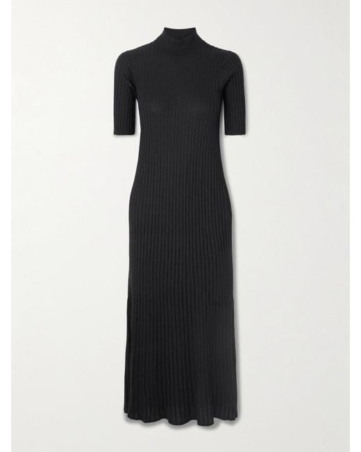 Brunello Cucinelli Black Ribbed Cashmere-Blend Midi Dress