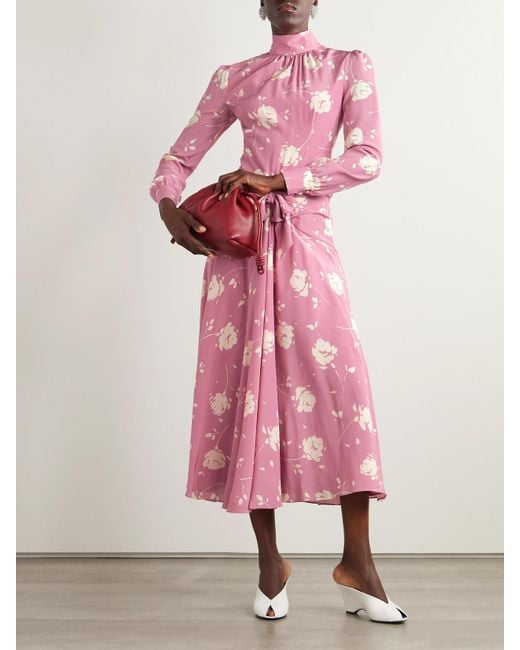 Alessandra Rich Pink Bow-Embellished Gathered Floral-Print Silk-Georgette Midi Dress