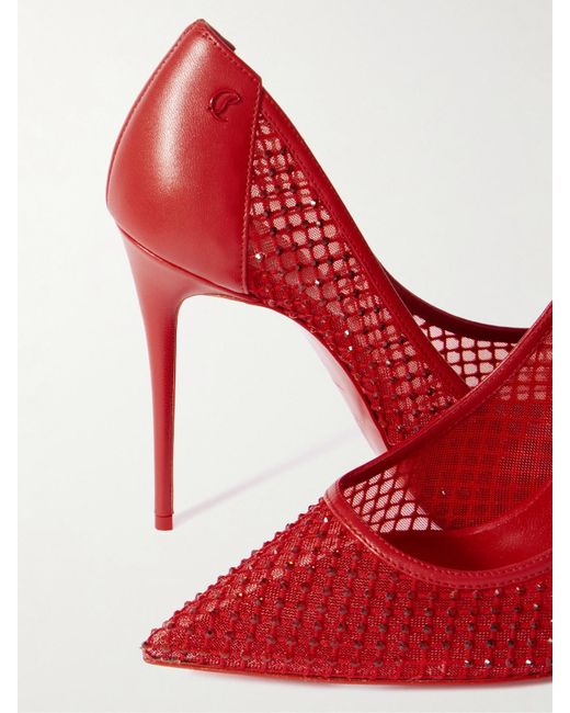 Christian Louboutin Red Sporty Kate 100 Crystal-Embellished Leather-Trimmed Mesh Pumps