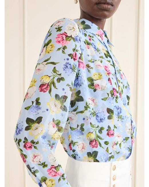 Carolina Herrera Blue Isabella Garden Floral-Print Silk-Chiiffon Blouse