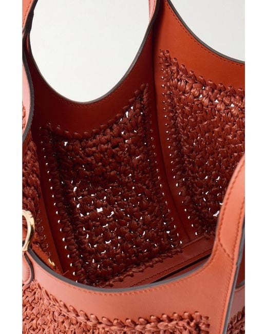 Tod's Red T Timeless Leather-Trimmed Raffia Shoulder Bag