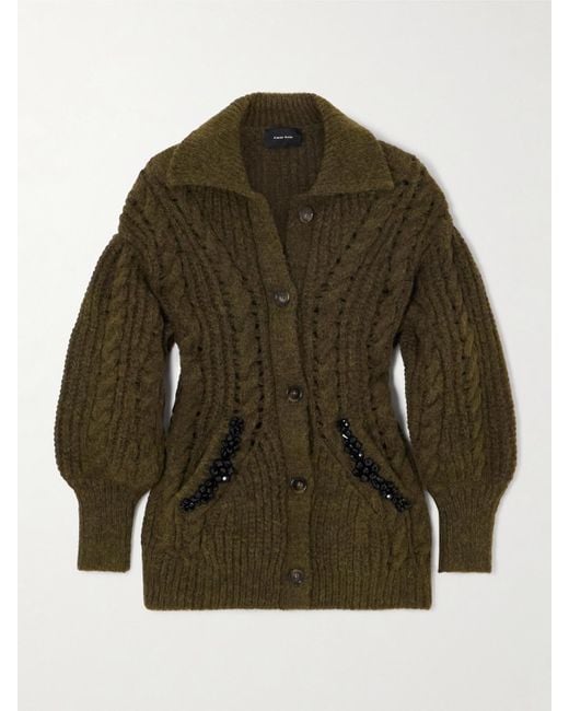 Simone Rocha Green Embellished Metallic Cable-Knit Cardigan