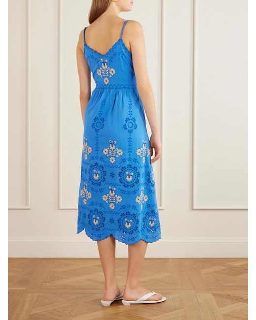 Sea Blue Catharina Floral-Embroidered Cotton And Linen-Blend Maxi Dress