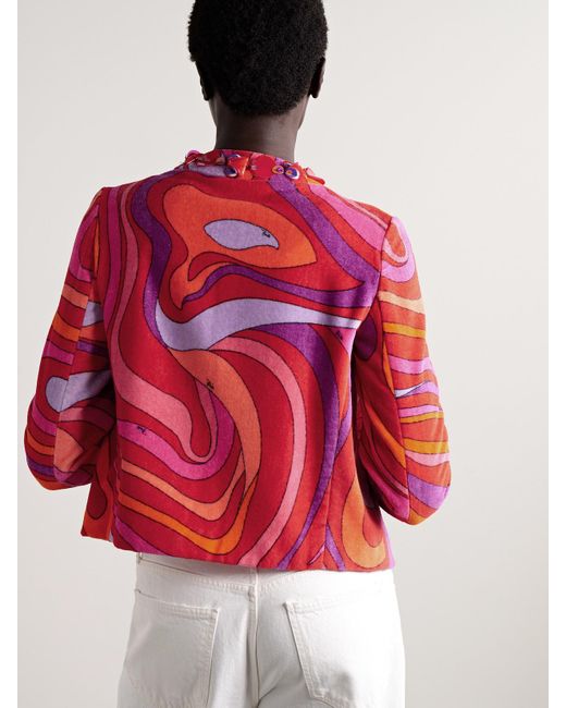 Emilio Pucci Red Embellished Twill-Trimmed Printed Cotton-Terry Jacket