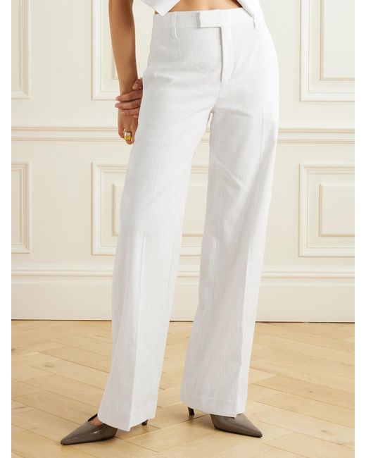 Brunello Cucinelli White Pinstriped Linen-Blend Wide-Leg Pants