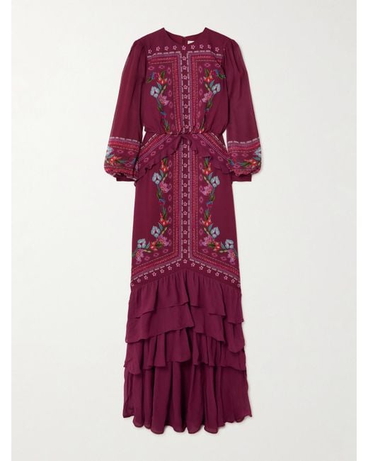 Robe Du Soir En Crêpe De Chine De Soie À Imprimé Fleuri Et À Volants Isa Long-C Saloni en coloris Purple