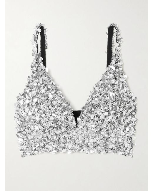 Clio Peppiatt Gray Midas Cropped Embellished Stretch-Tulle Top