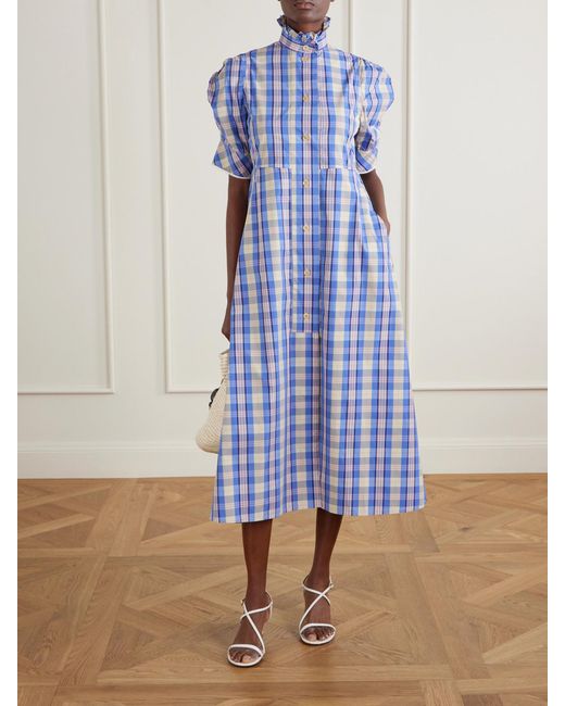 Thierry Colson Blue Venetia Ruffled Checked Cotton-Blend Midi Dress