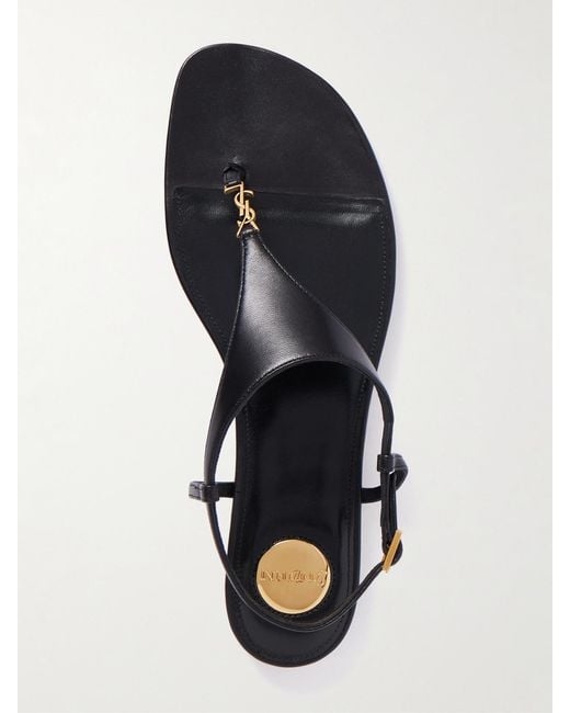 Saint Laurent Black Cassandre Logo-Embellished Leather Slingback Sandals