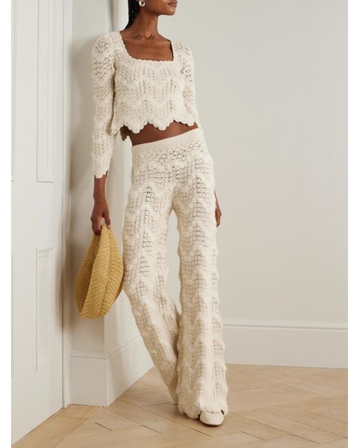 Escvdo Natural Brisa Scalloped Crocheted Alpaca Wide-Leg Pants