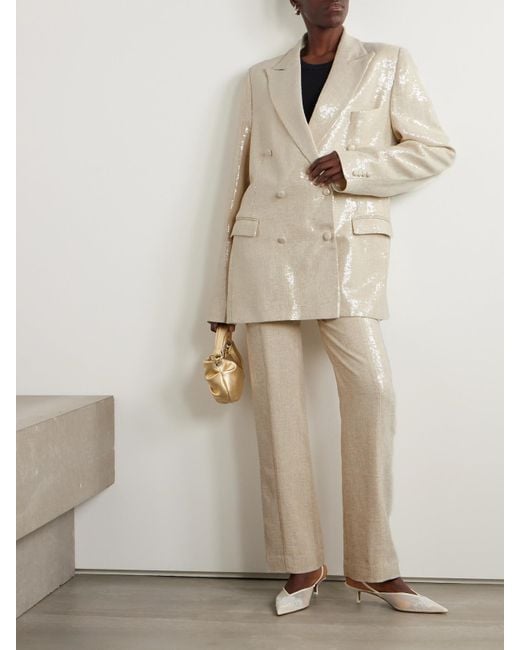 ‎Dima Ayad White Sequined Canvas Straight-Leg Pants