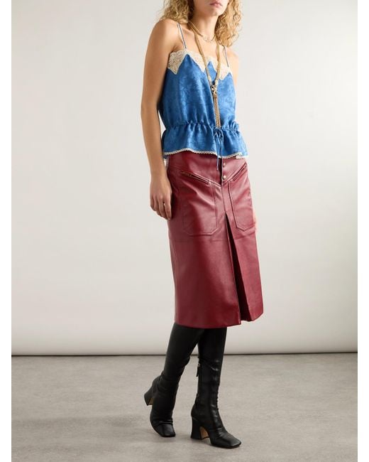 Chloé Red Pleated Paneled Leather Midi Skirt