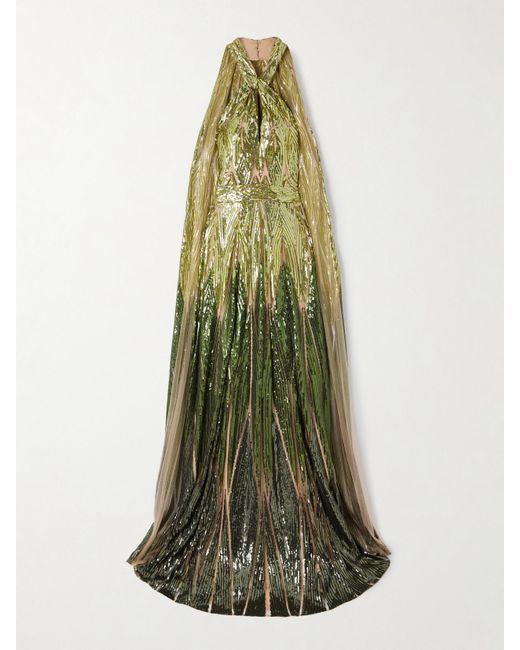 Elie Saab Green Cape-Effect Embroidered Sequined Tulle Halterneck Gown