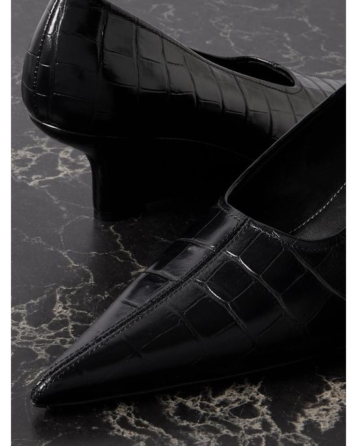 Totême Black Croc-Effect Leather Wedge Pumps
